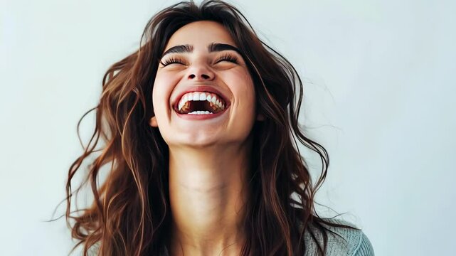 A woman with long, brown, wavy hair laughs with her head tilted back against a plain white wall