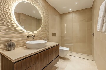  Frameless circular mirror above a floating vanity in a sleek bathroom, reflecting minimalist fixtures and a rain shower in the background, emphasizing simplicity and elegance.