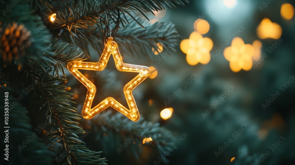 Aufkleber a wide view of a christmas setting showing a star decoration amid festive lights on a pine tree, per