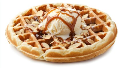 Delicious Waffle with Ice Cream and Caramel Drizzle