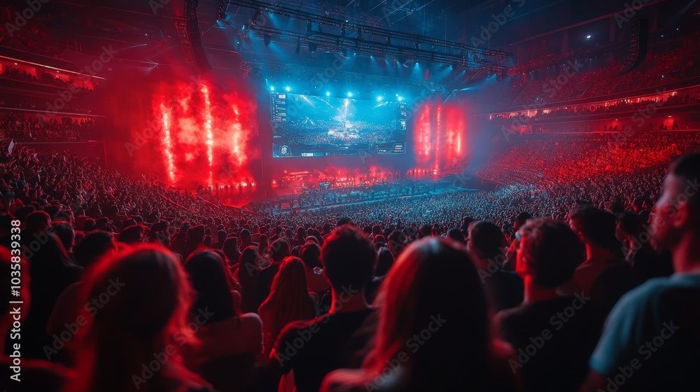 Poster a massive audience is gathered in an arena, captivated by a dynamic performance. colorful lights ill