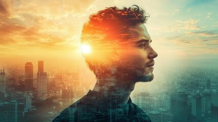 A man contemplating life, with a sunset in the background, showcasing introspection.