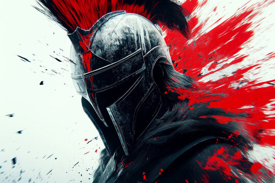 Front view illustration of an Illyrian helmet with splashes of black and red paint,  brush strokes, on white background.