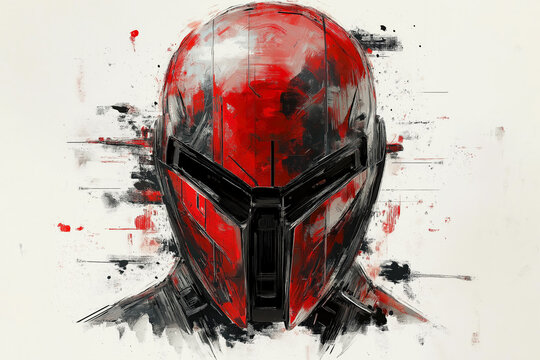 Front view illustration of an Illyrian helmet with splashes of black and red paint,  brush strokes, on white background.