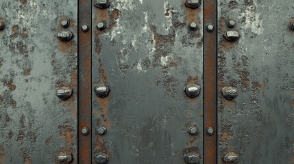 Fototapeta premium Rusted steel plates with oversized rivets creating an industrial texture, framed by the gritty backdrop of a weathered wall