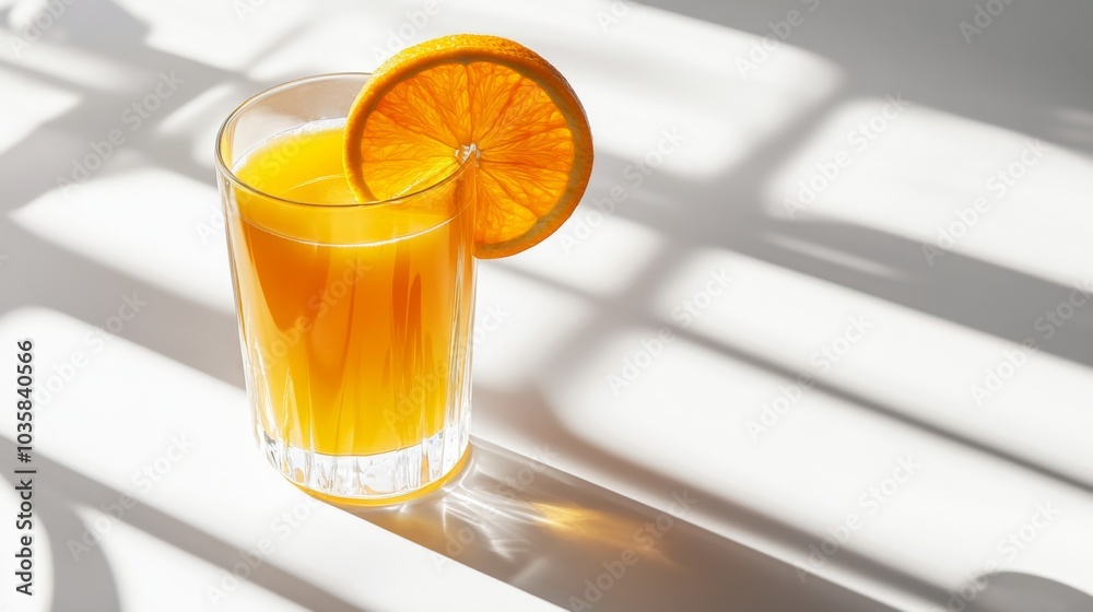 Poster refreshing orange juice with citrus slice in sunlight