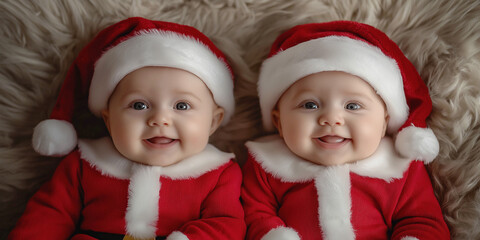 A photo of two one-year-old European-looking twins lying on a blanket, dressed in a Santa Claus costume, happy and smiling. photo above. Christmas concept. Advertising banner.