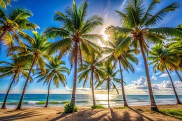 Obraz premium Sunlit Palm Trees in Tropical Paradise - Landscape Photography for Relaxation and Escape