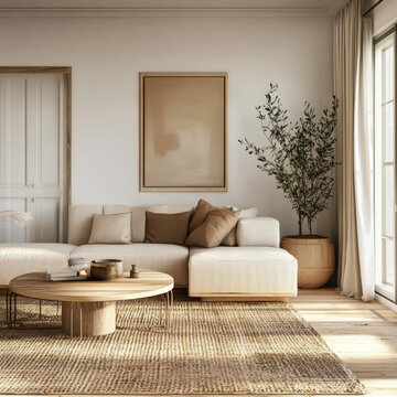 cozy living room with modern aesthetic features neutral color palette, comfortable sofa, and large potted plant. space is inviting and stylish, perfect for relaxation