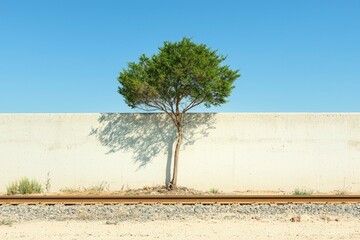 Obraz premium A solitary tree growing near a concrete wall and railroad tracks