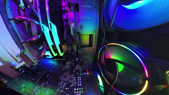 A top-down close-up view captured by a 360-degree camera inside a gaming PC, highlighting vibrant RGB cooling fans, heat sinks, and other hardware components in a glowing, high-tech setup.