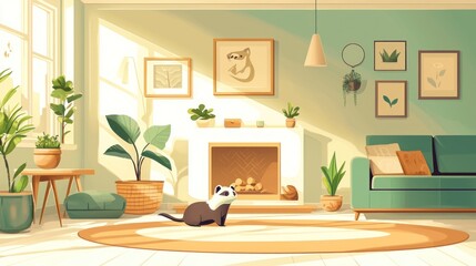 A cartoonish drawing of a living room with a cat sitting on a rug