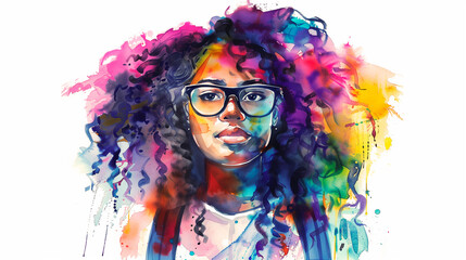 Obraz premium Beautiful African teen girl student with long curly hair wearing glasses and carrying a backpack. Bright watercolor illustration on a white background. Generation Z urban lifestyle.