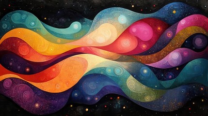 swirling dynamic patterns in bold colors form an abstract background inviting the viewer into a realm of creativity and imagination with depth and texture