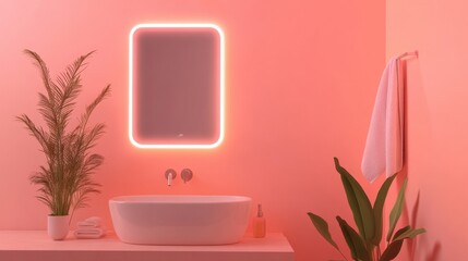 Fototapeta premium Smart mirror with soft LED lighting, featured in a modern bathroom setting against a simple solid color background