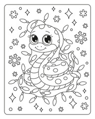 Cute little snake. Christmas children's vector illustration. Coloring.