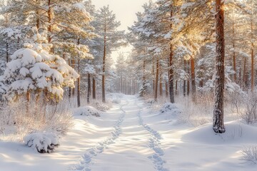  Snow-covered pine forest under a pale gray sky, with tall trees blanketed in thick layers of snow, creating a serene, wintry atmosphere.