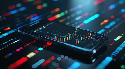Fototapeta premium A smartphone displaying a financial chart with colorful data points and indicators.