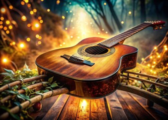 Surreal Closeup of Folk Guitar with Strings and Bridge Details for Musical Artistry