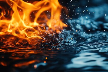 Fototapeta premium Fiery flames and rippling water collide, symbolizing the intense contrast between the elements of fire and water. A powerful representation of natural forces.