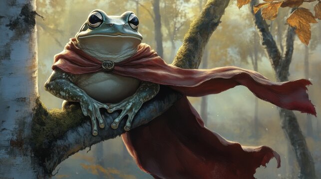 Super frog in a flowing red cape sits confidently on a tree branch, looking out over the forest like a true hero