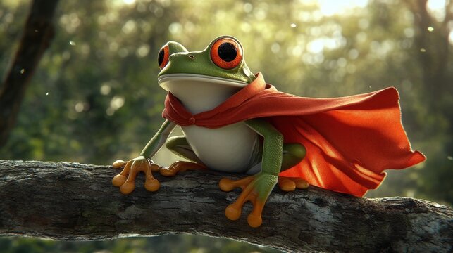 Super frog in a flowing red cape sits confidently on a tree branch, looking out over the forest like a true hero