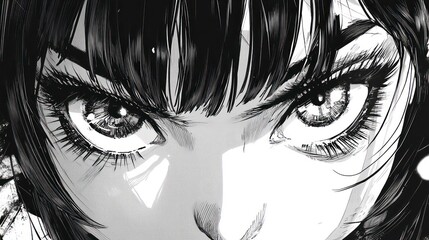 Fototapeta premium Close-up black and white illustration of an anime woman's face with intense eyes.
