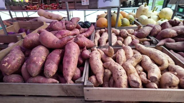 A closeup view of sweet potatoes and yams displayed in wooden crates at a market stall. The produce is neatly arranged, showcasing the vibrant colors and textures of the vegetables.