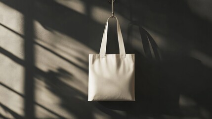 Realistic tote bag mockup hanging from a hook, with space for custom logo and branding design.