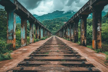 Fototapeta premium Abandoned Train Tracks Bridge Over Lush Green Mountains