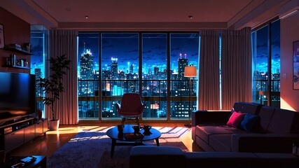 Nighttime Cityscape with Illuminated City Hall 2D Anime style