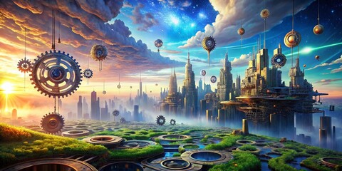 Obraz premium Surreal Journey Through Technological Innovations and Challenges in a Futuristic Landscape