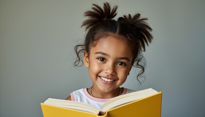Cheerful young girl reading an open book with joy and enthusiasm representing the excitement of learning and education