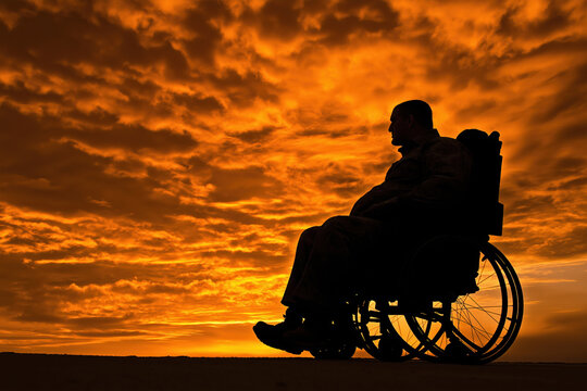 Silhouette of a man in a wheelchair against a vibrant sunset sky at dusk