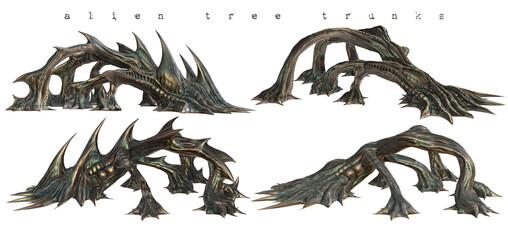 3D render of alien tree trunks illustration
