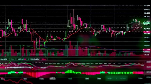 Grafik analisis pasar menunjukkan pergerakan harga dengan indikator teknis dan volume perdagangan.