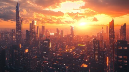 Fototapeta premium A breathtaking city skyline at sunset with futuristic architecture and glowing lights, depicting an advanced urban landscape.