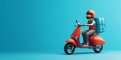 A vibrant 3D illustration featuring a delivery person on a scooter equipped with a backpack, representing modern delivery services. This dynamic scene captures the essence of fast and efficient urban 