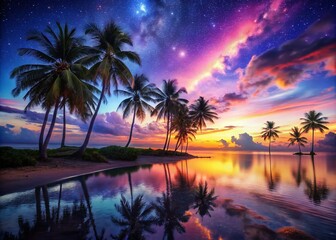 Obraz premium Surreal Starry Night Over a Colorful Sunset Beach with Palm Trees for Dreamy Escapes