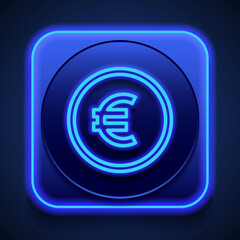 Euro coin simple icon vector. Flat design. Blue neon style on button. With shadow