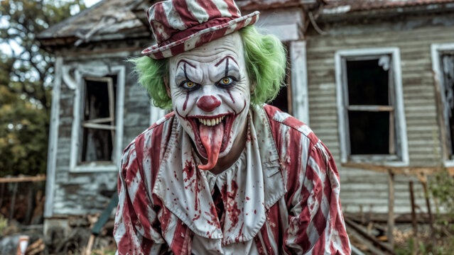 Horrifying clown with bloodstained striped costume in front of abandoned house. Grotesque makeup, protruding tongue, and menacing grin. Eerie Halloween horror concept with decrepit background.