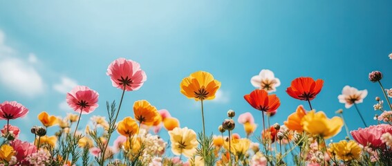 Obraz premium Beautiful Field of Colorful Spring Flowers Under Clear Blue Sky