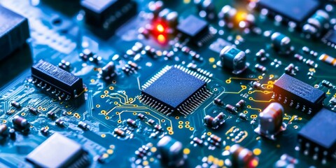 Obraz premium Automated electronics manufacturing process featuring PCB drilling, showcasing the advanced technology used in circuit board manufacturing. This high-tech production line highlights the efficiency and