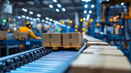 Obraz premium detailed photograph of factory conveyor belt with cardboard boxes moving along it, showcasing industrial setting with blurred background lights and workers in safety gear