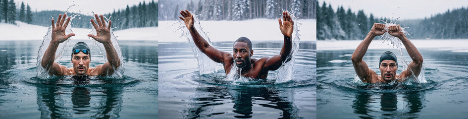 A man swims in cold water on a freezing winter day. Set of three photos. A black man and a caucasian.