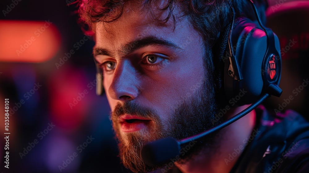 Poster a player engages deeply in an esports competition, showcasing concentration and dedication with his 