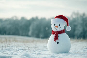 Obraz premium Snowman, winter, Christmas, festive snowman wearing a red hat and scarf stands in a snowy landscape surrounded by frosty trees in the background, creating a cheerful atmosphere