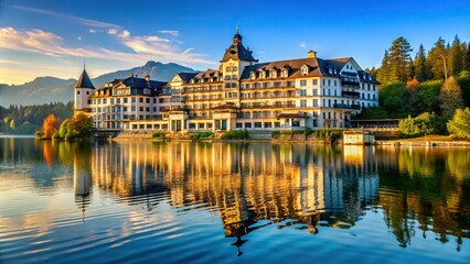 Fototapeta premium Luxurious hotel on lake with beautiful view