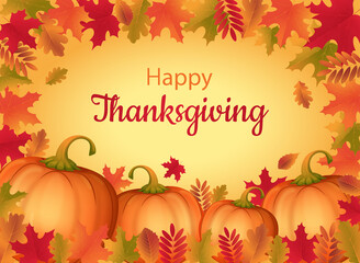 Colorful autumn leaves frame and pumpkins composition. Thanksgiving holiday card concept design banner. Happy Thanksgiving day