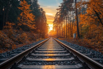 Obraz premium Train Tracks Through Golden Autumn Forest at Sunset